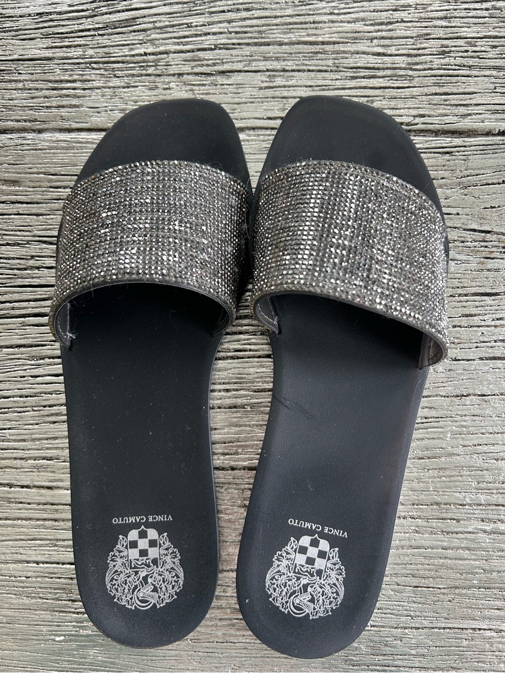 Vince Camuto Black Slide Sandals with Sparkling Gunmetal Strap